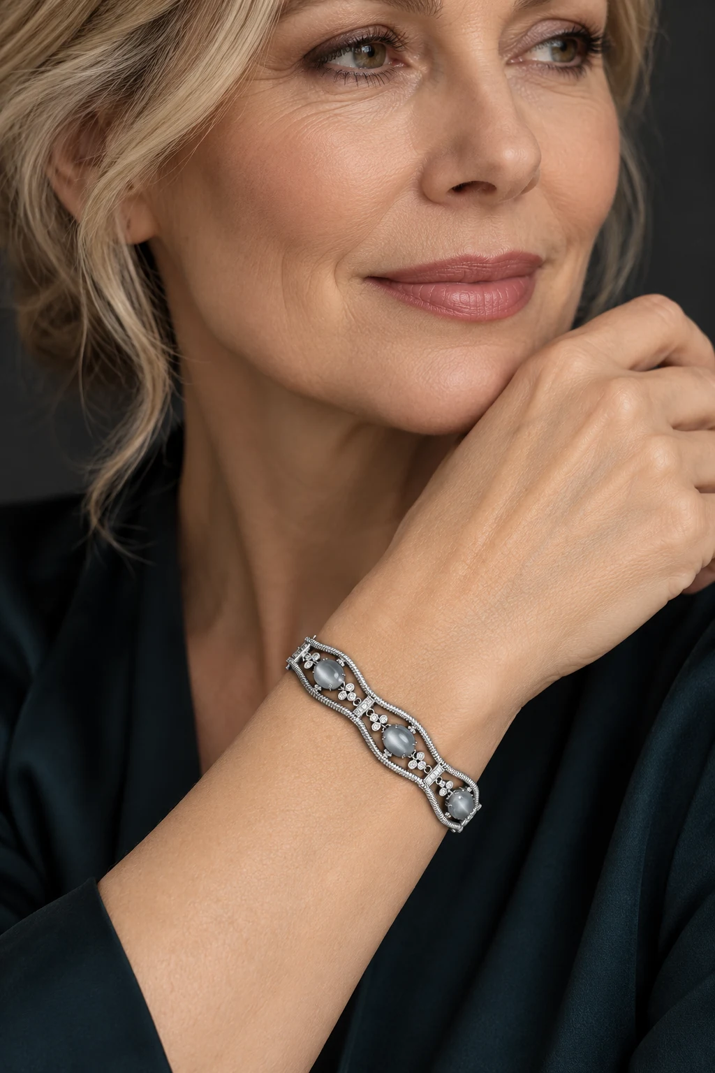 The Virginie Poème Grey Bracelet worn on a model — AI-generated styling preview