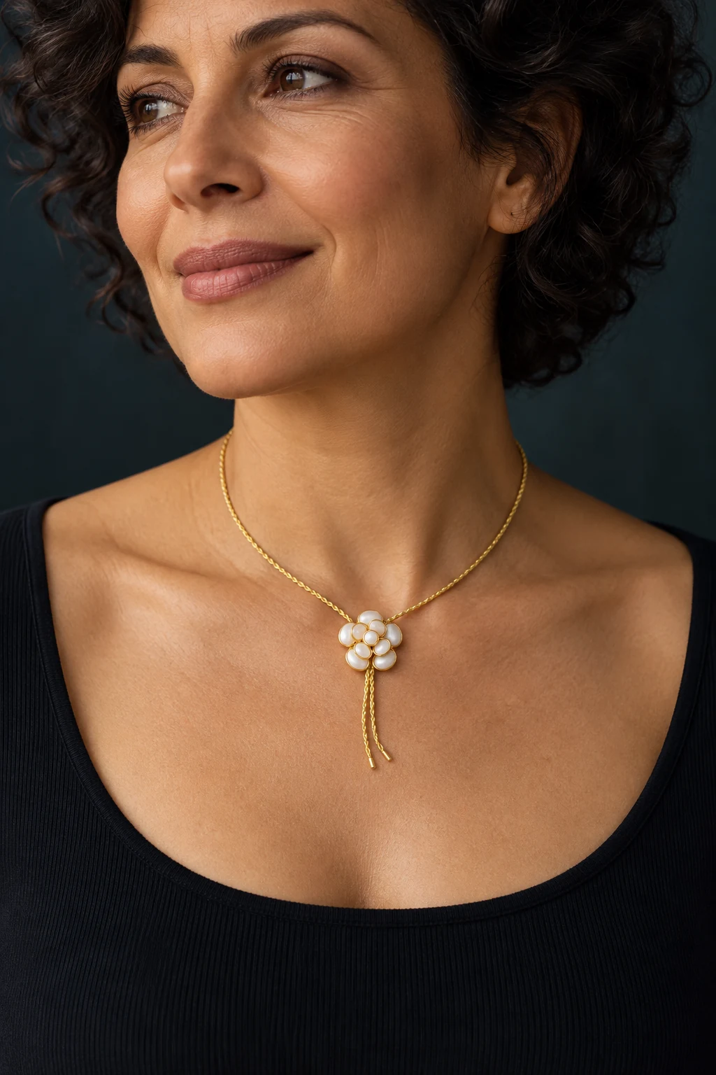The Camélia Necklace worn on a model — AI-generated styling preview