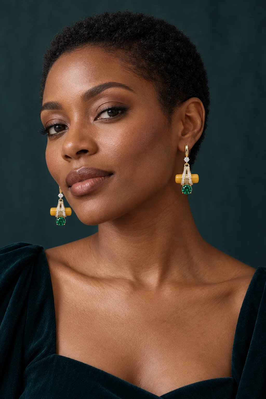 The Alma Serenade Yellow Earrings worn on a model — AI-generated styling preview