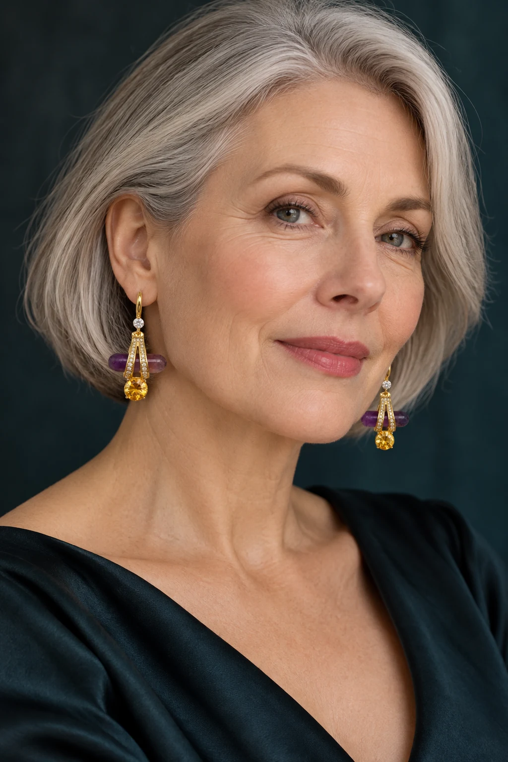The Alma Serenade Violet Earrings worn on a model — AI-generated styling preview