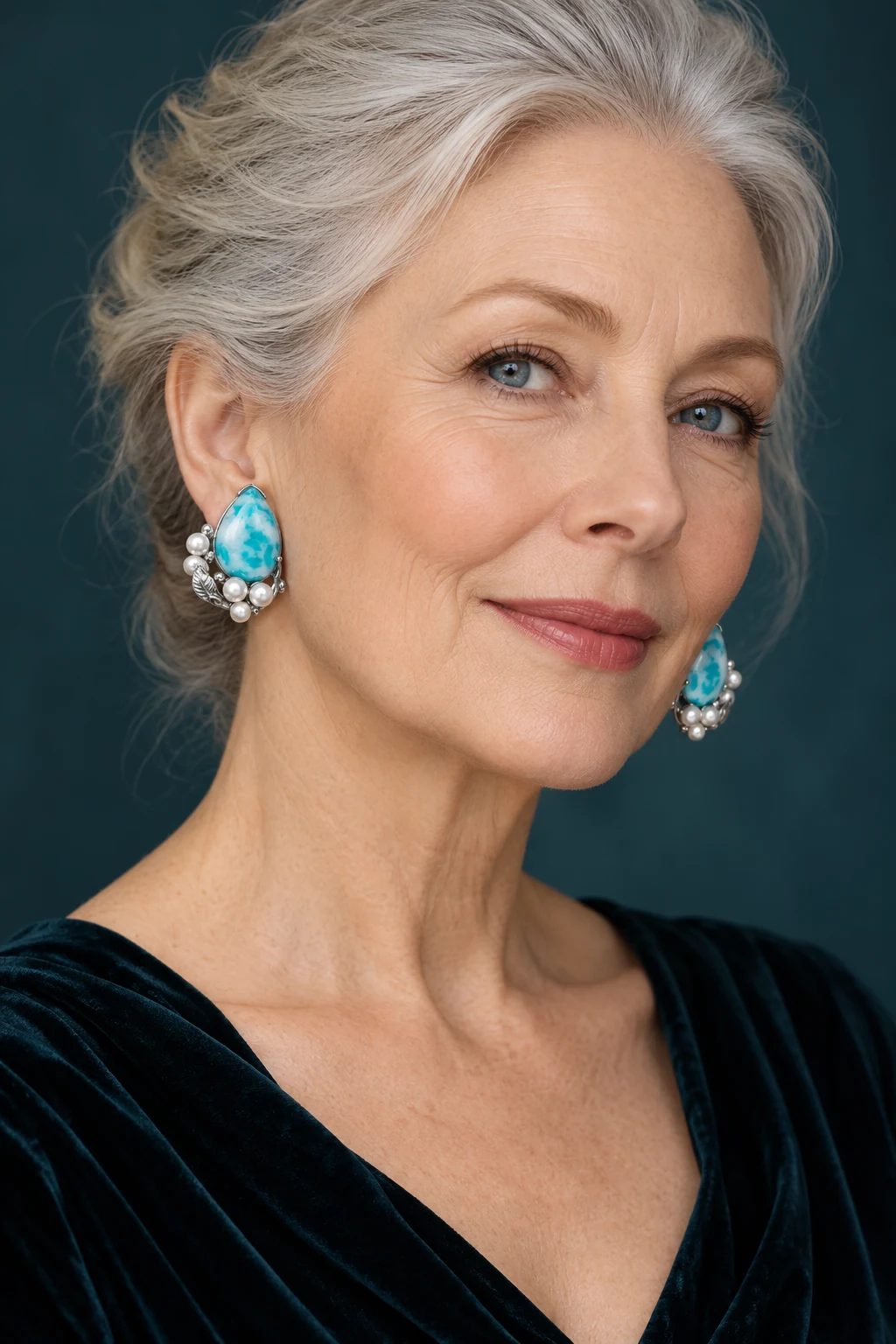 The Cécile Jardin Blue Earrings worn on a model — AI-generated styling preview