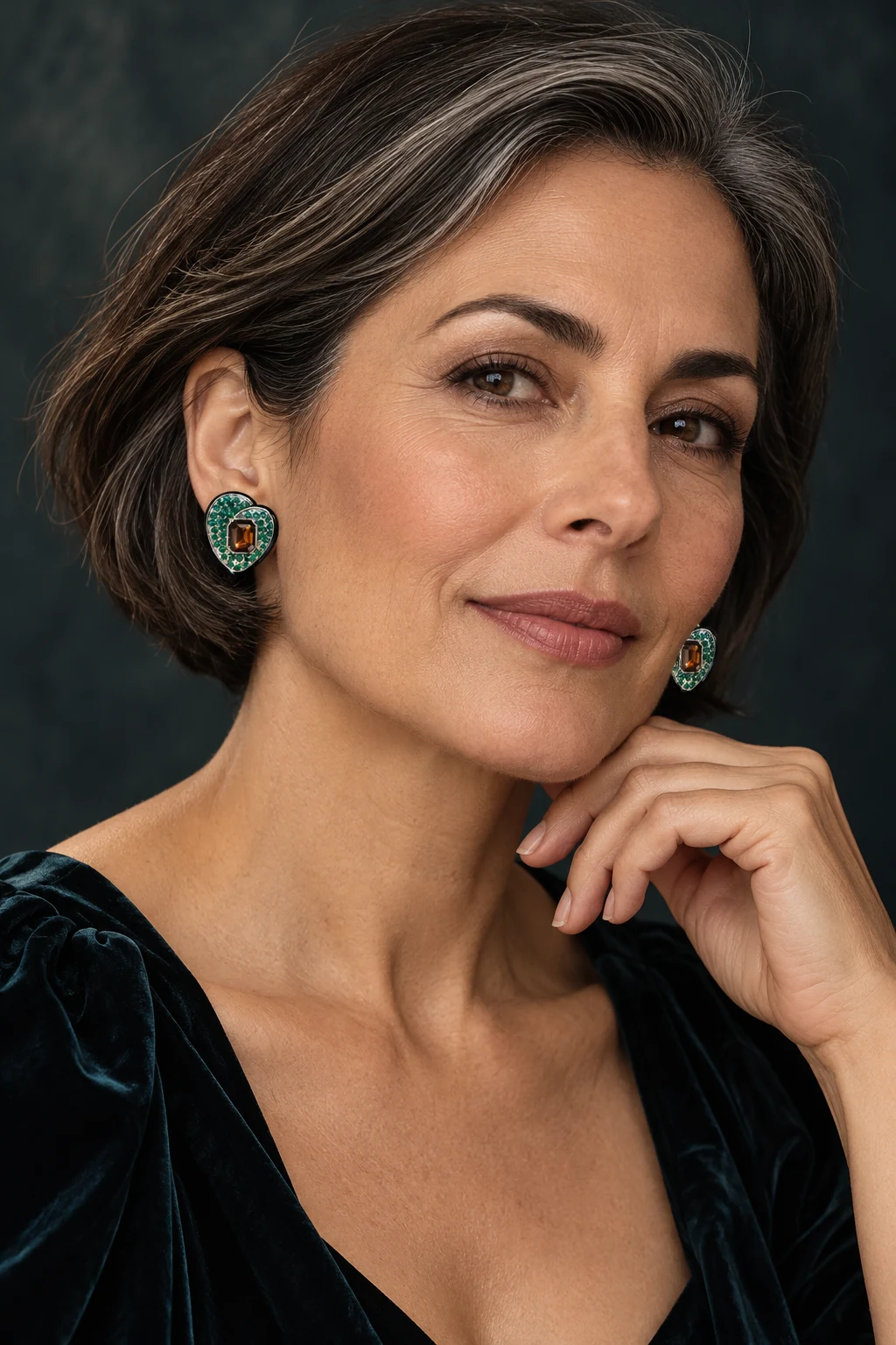The Pénélope Sonnet Green Earrings worn on a model — AI-generated styling preview