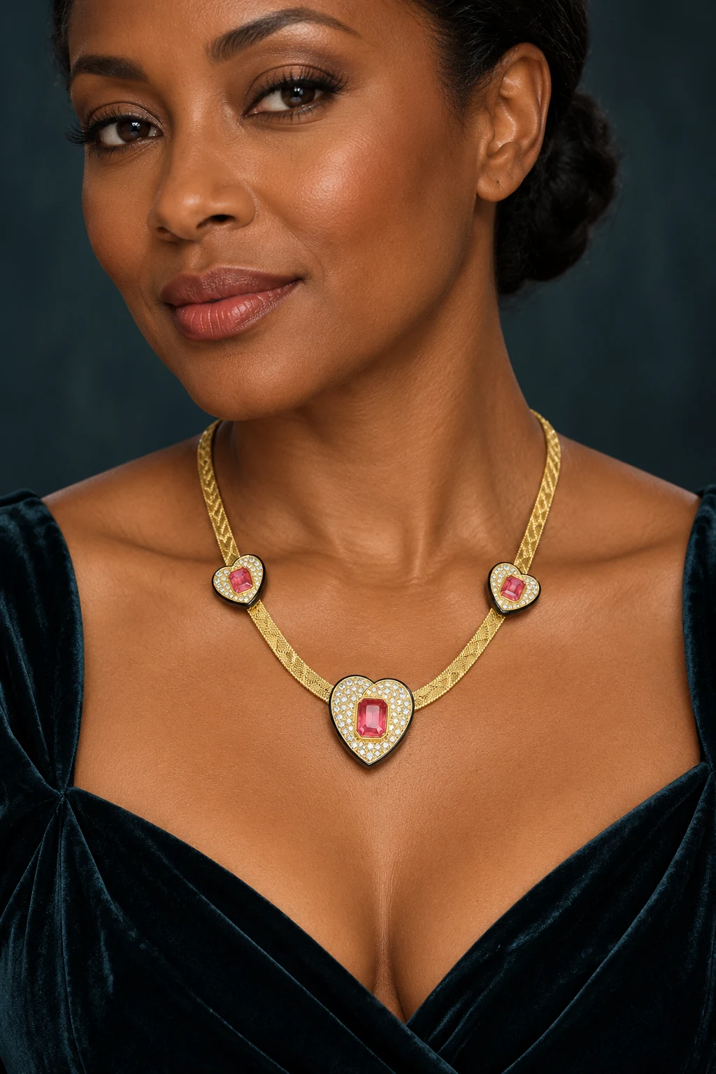 The Pénélope Sonnet Pink Necklace worn on a model — AI-generated styling preview