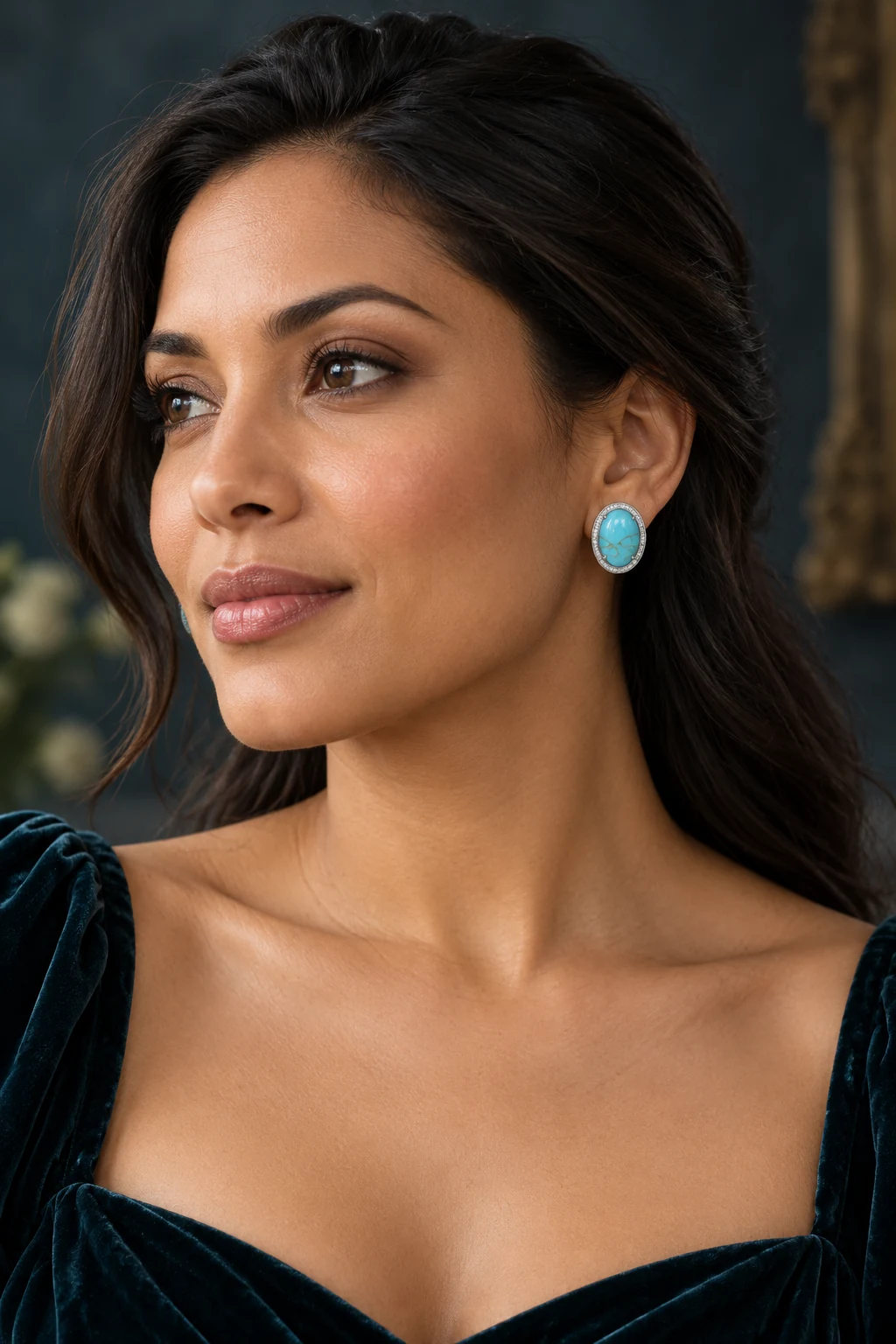 The Flora Serenade Turquoise Blue Earrings worn on a model — AI-generated styling preview
