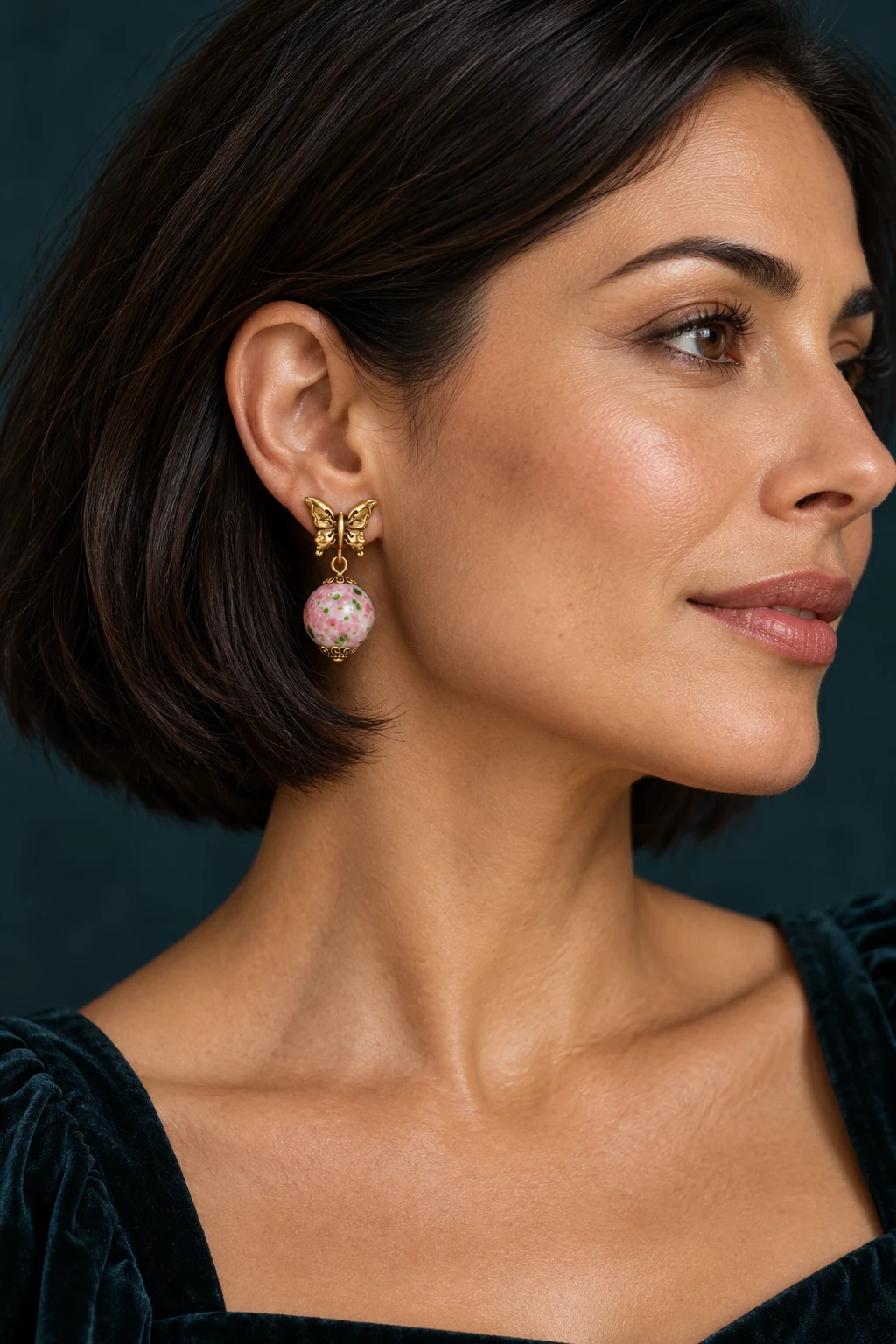 The Marianne Muse Pink Earrings worn on a model — AI-generated styling preview