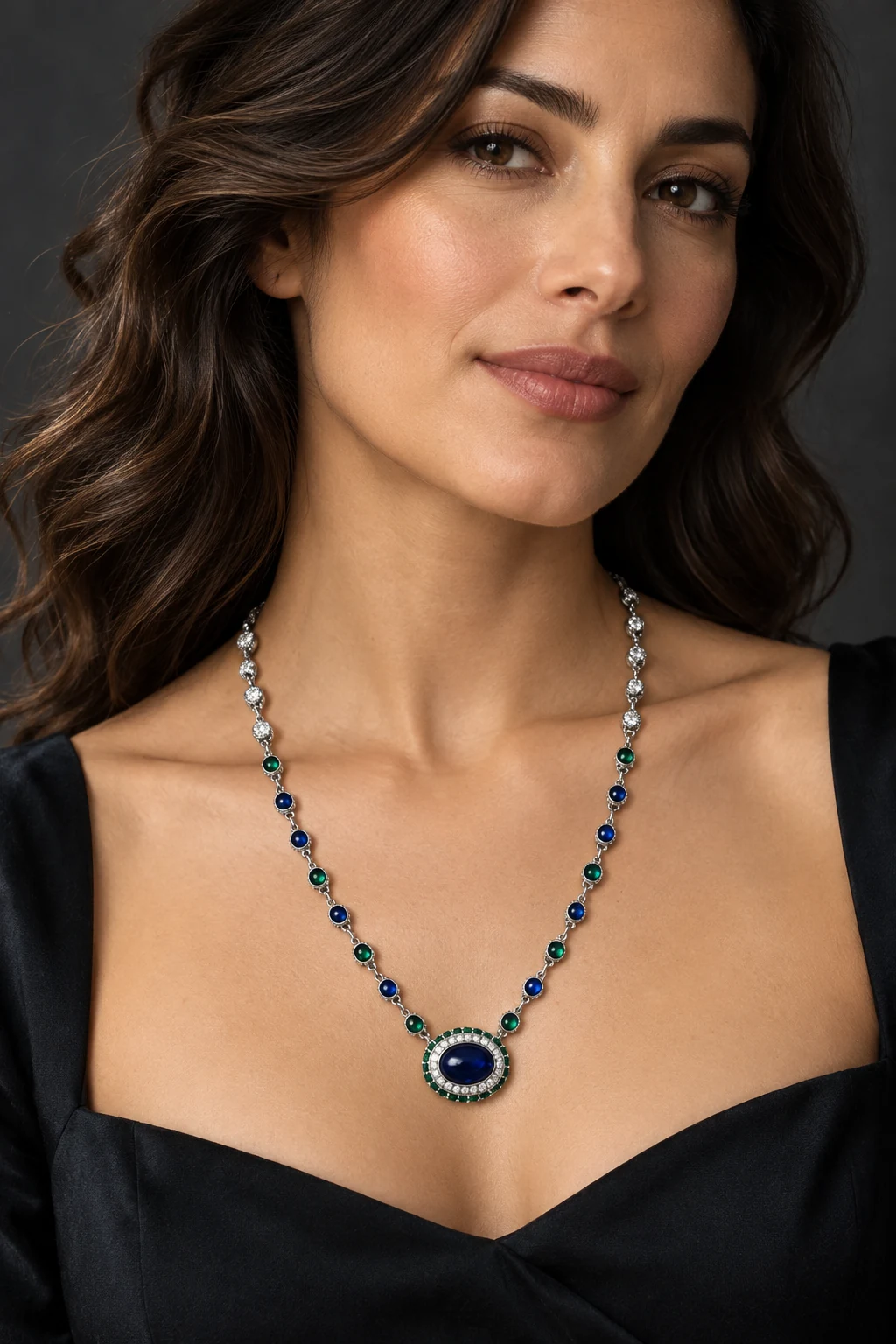 The Ambre Reverie Blue Necklace worn on a model — AI-generated styling preview