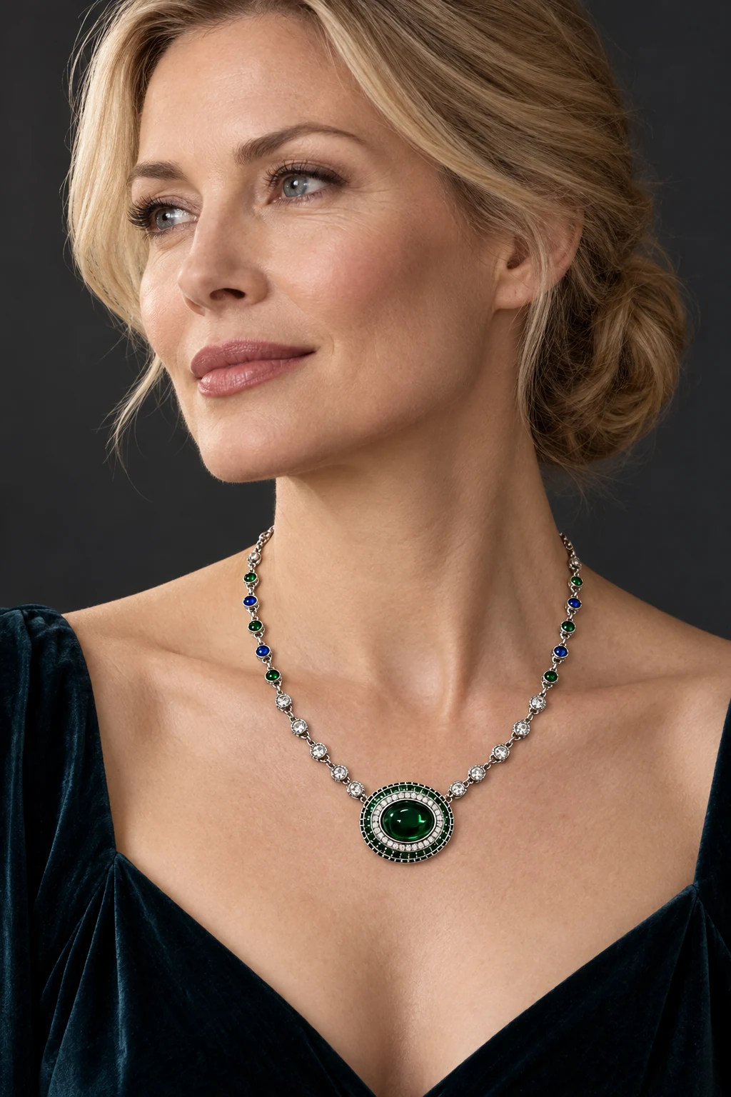 The Ambre Reverie Green Necklace worn on a model — AI-generated styling preview