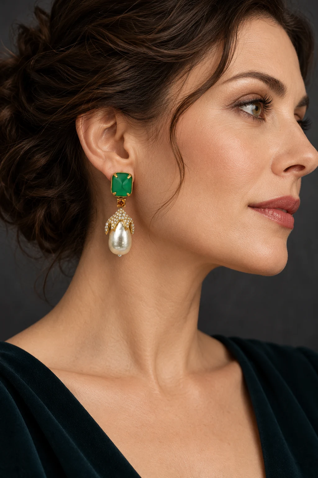 The Belladonna Green Earrings worn on a model — AI-generated styling preview