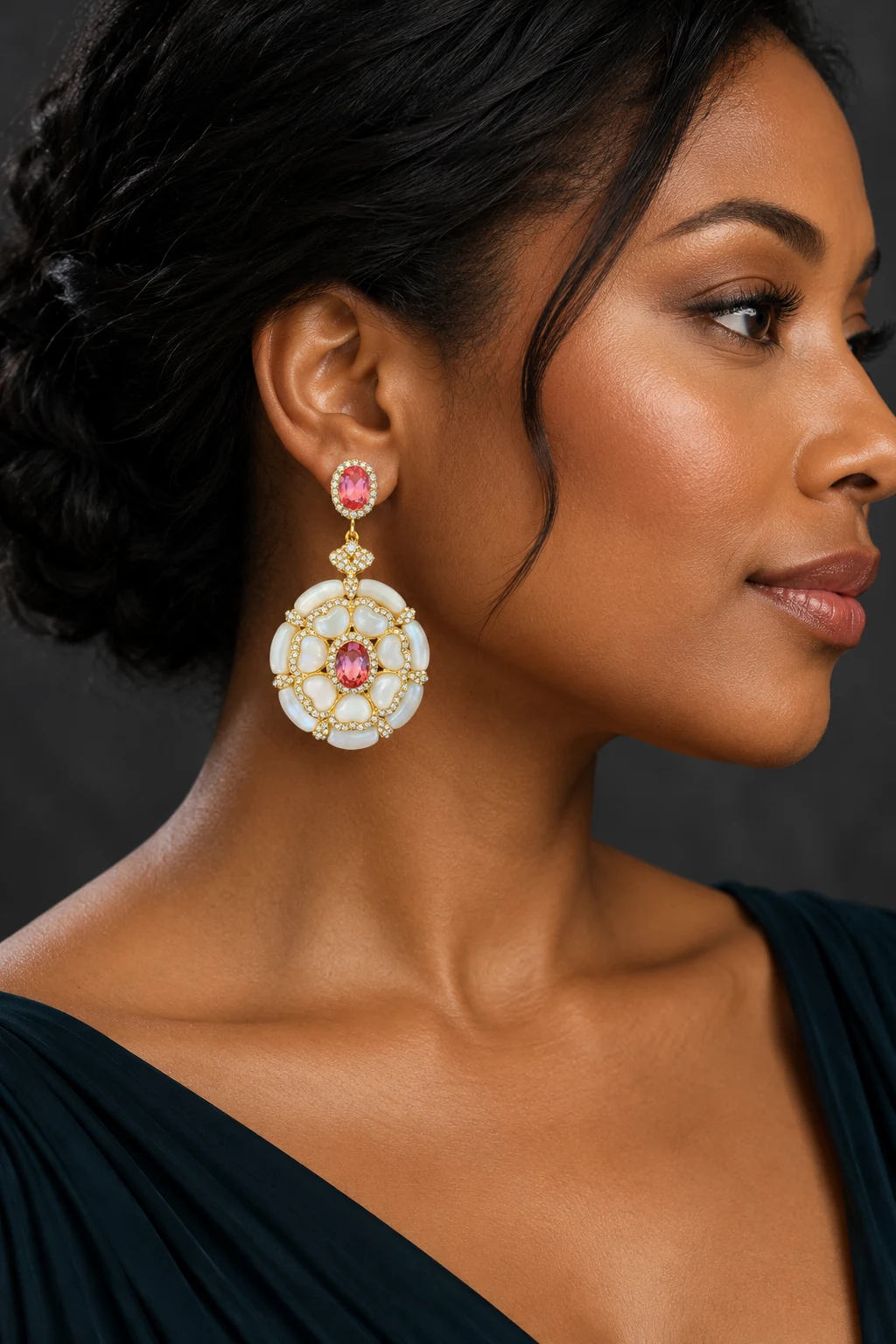 The Pénélope Fleur Earrings worn on a model — AI-generated styling preview
