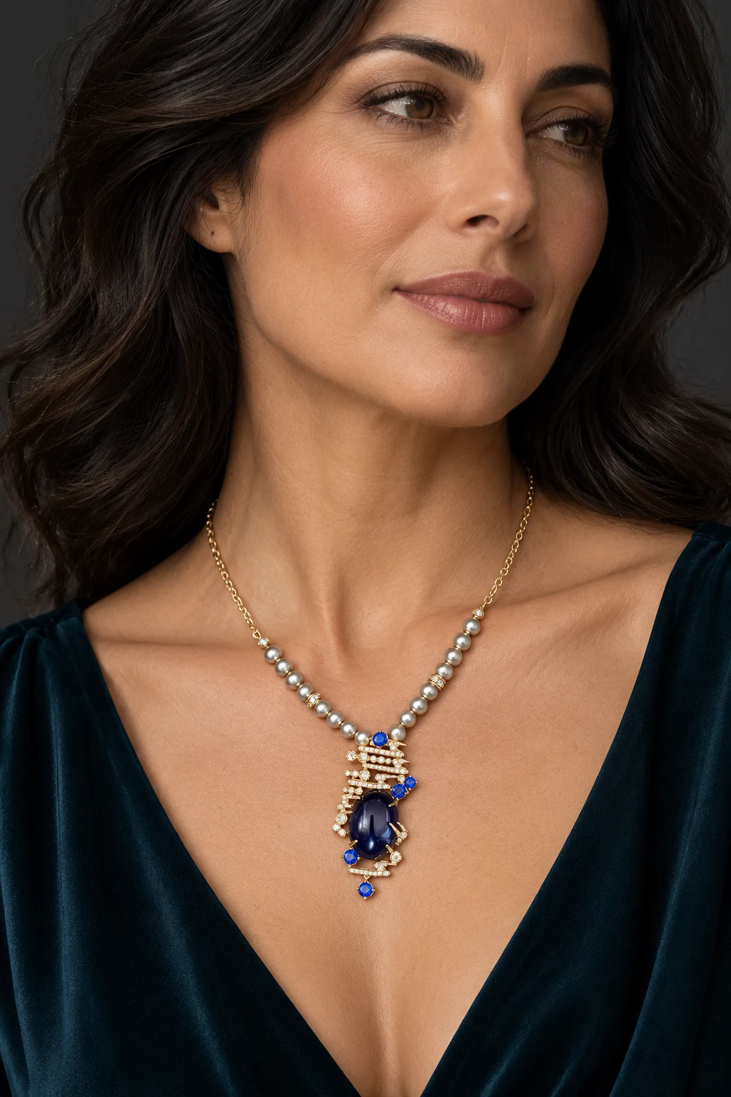 The Mélanie Fable Necklace worn on a model — AI-generated styling preview