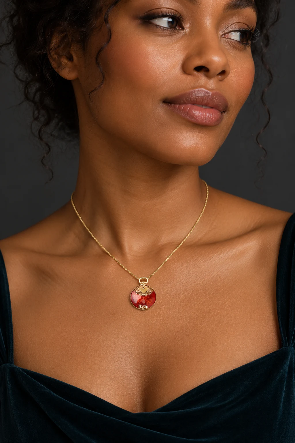 The Virginie Arabesque Necklace worn on a model — AI-generated styling preview