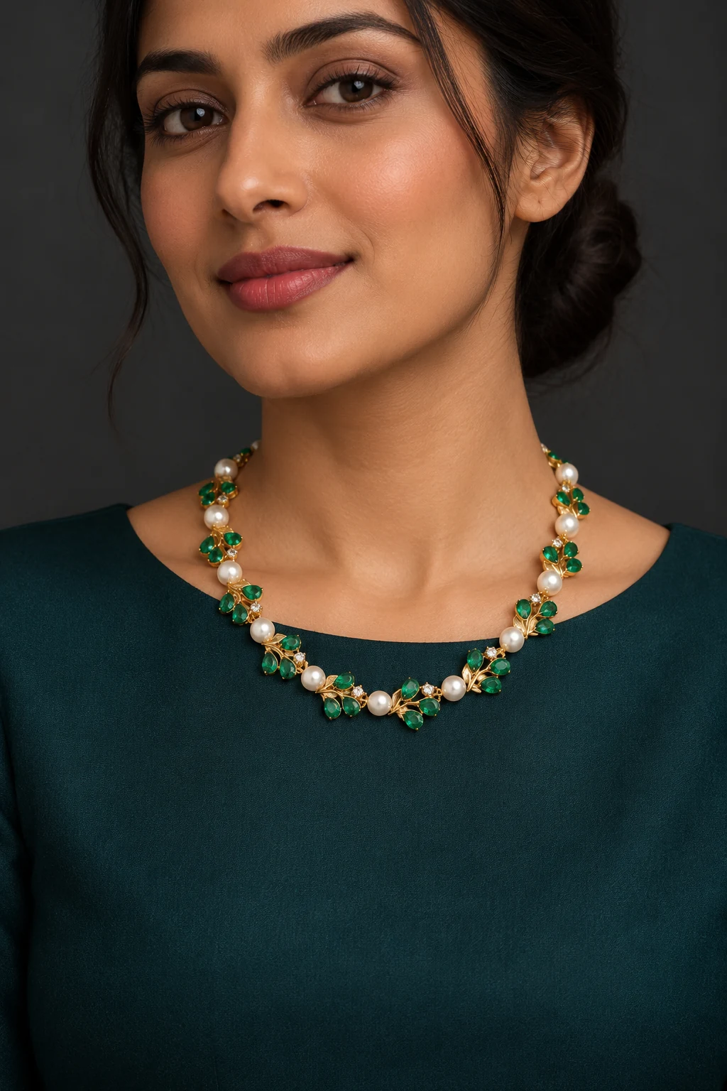 The Roxane Waltz Green Necklace worn on a model — AI-generated styling preview