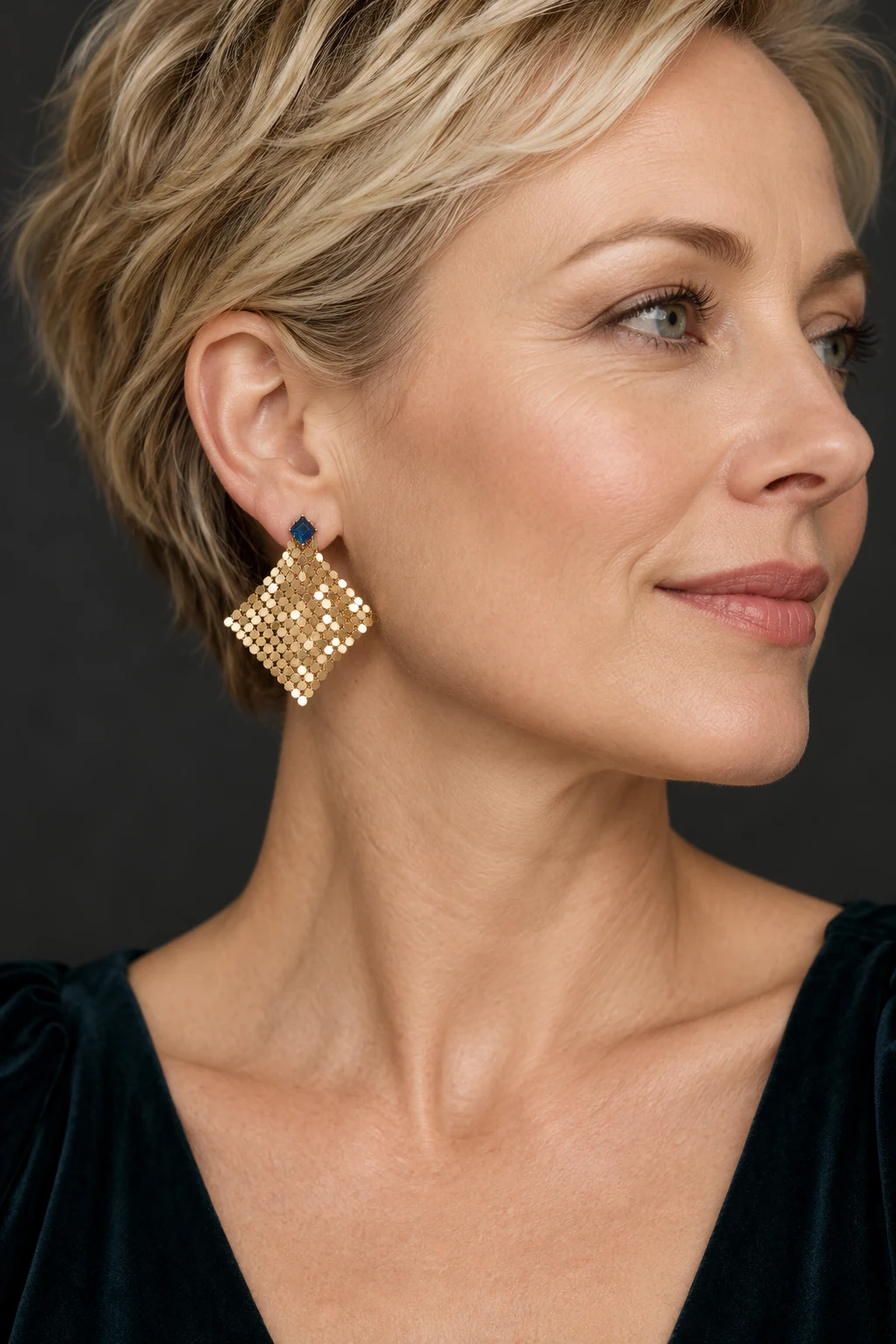 The Jeanne Promenade Earrings worn on a model — AI-generated styling preview