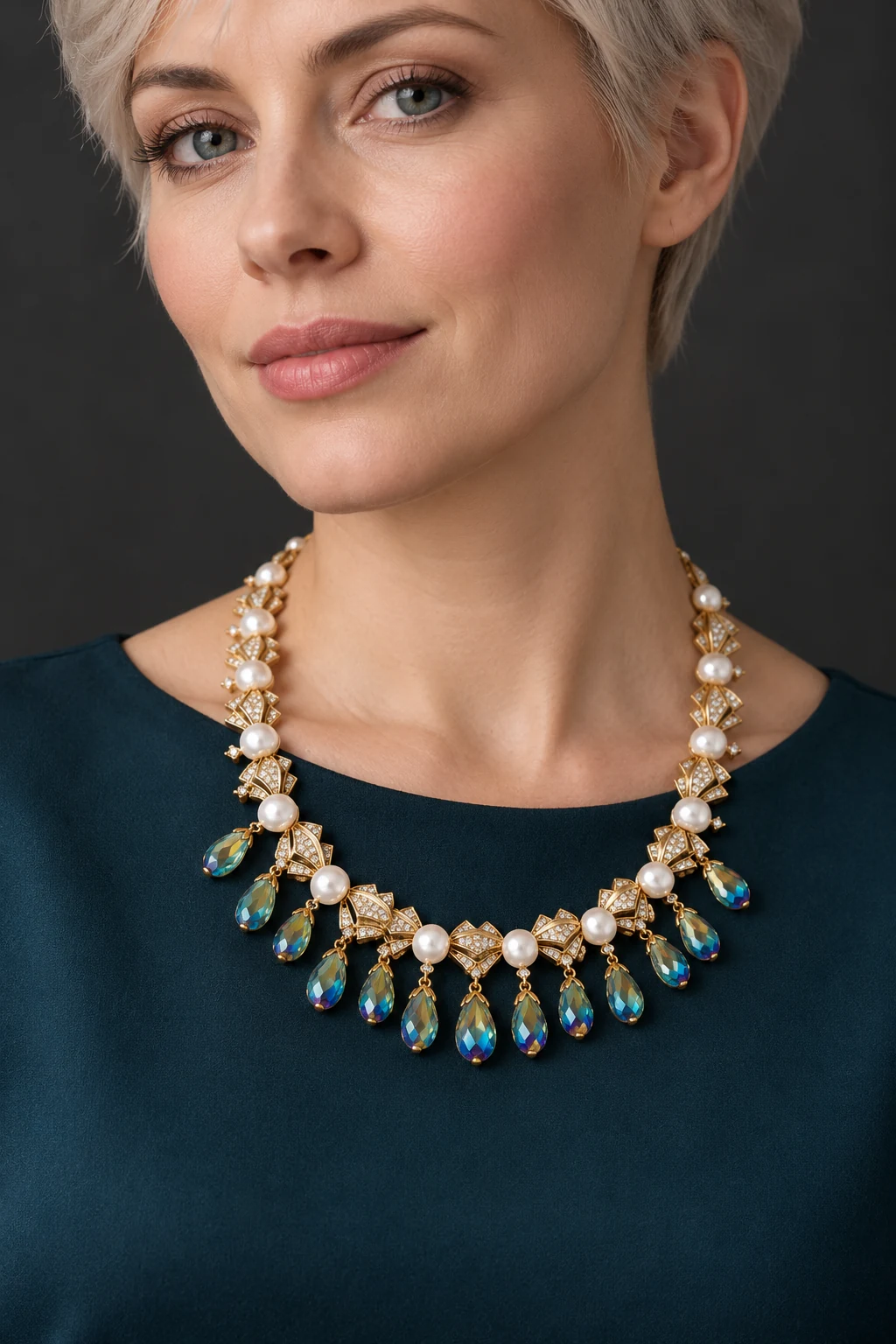 The Mélisande Arabesque Necklace worn on a model — AI-generated styling preview