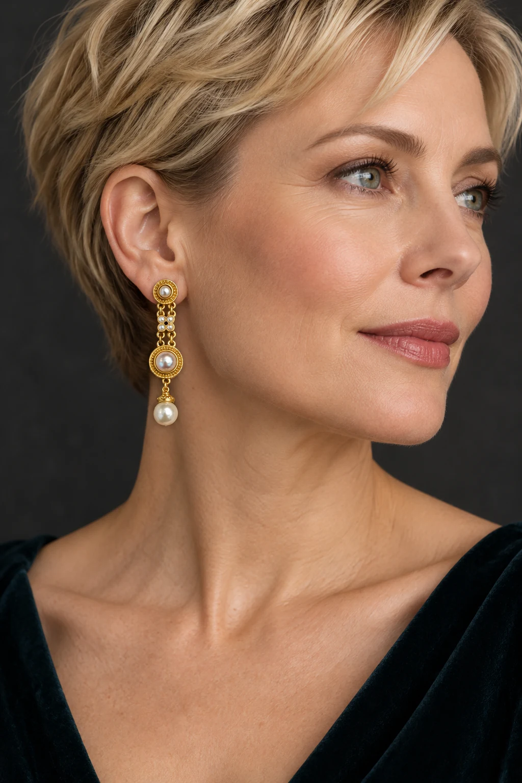 The Ingrid Waltz Earrings worn on a model — AI-generated styling preview
