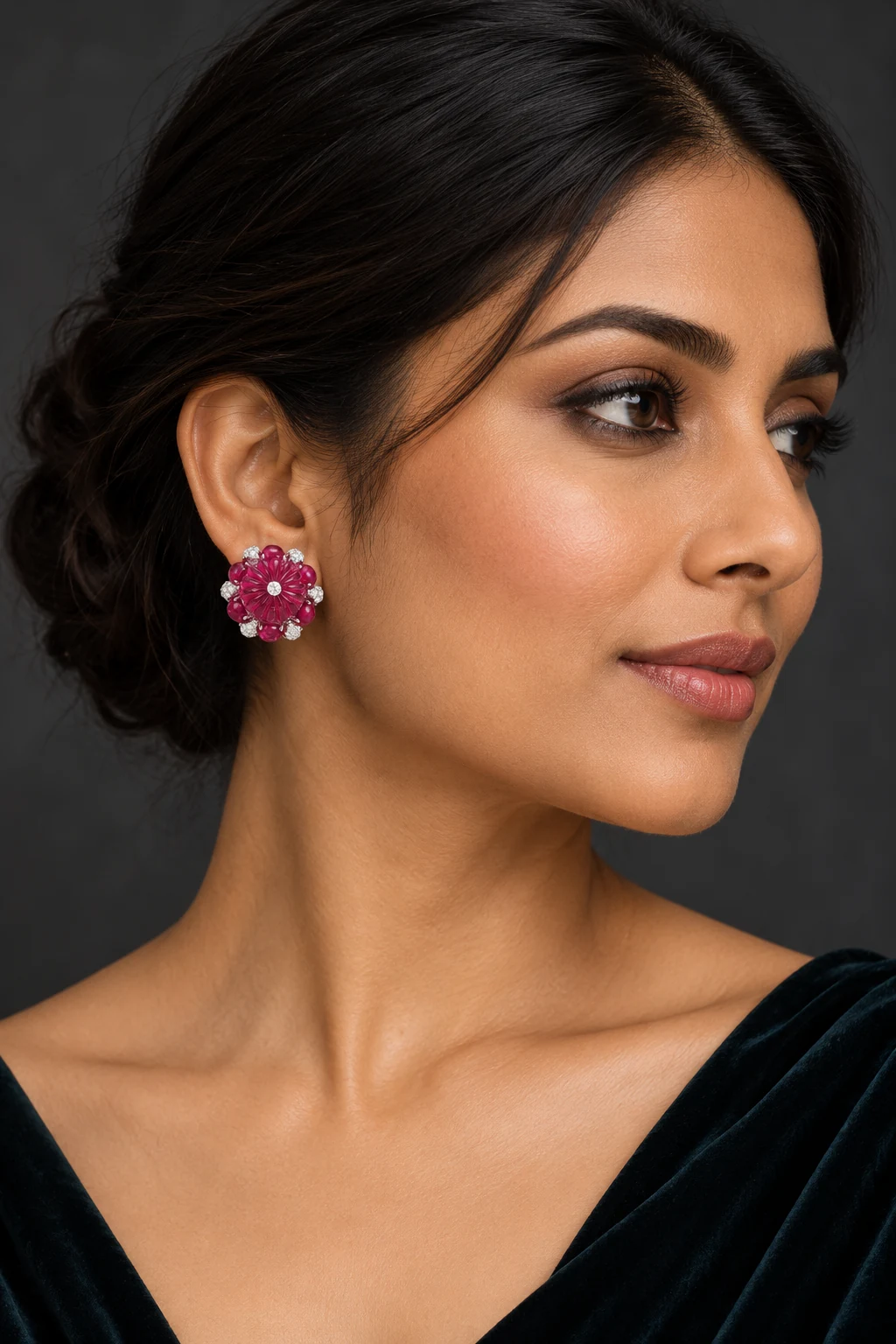The Sophie Fleur Earrings worn on a model — AI-generated styling preview