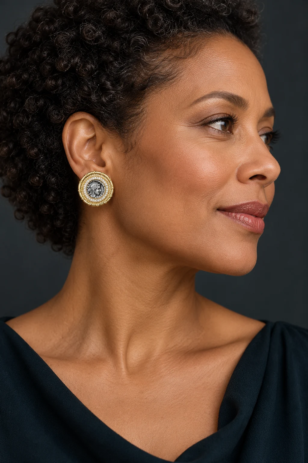 The Margot Sonnet Earrings worn on a model — AI-generated styling preview
