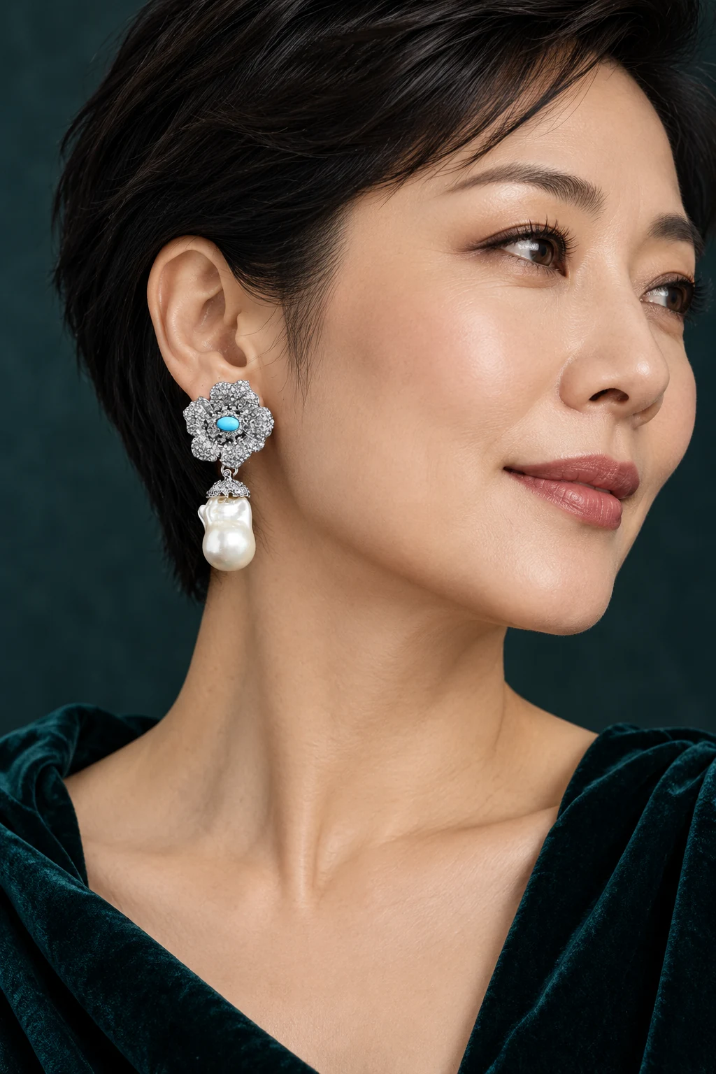 The Salomé Muse Earrings worn on a model — AI-generated styling preview