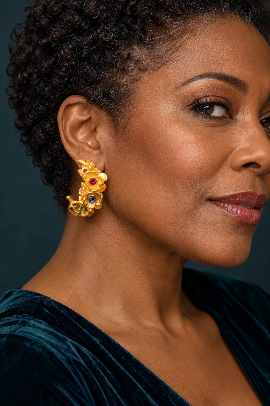 The Mathilde Fleur Earrings worn on a model — AI-generated styling preview