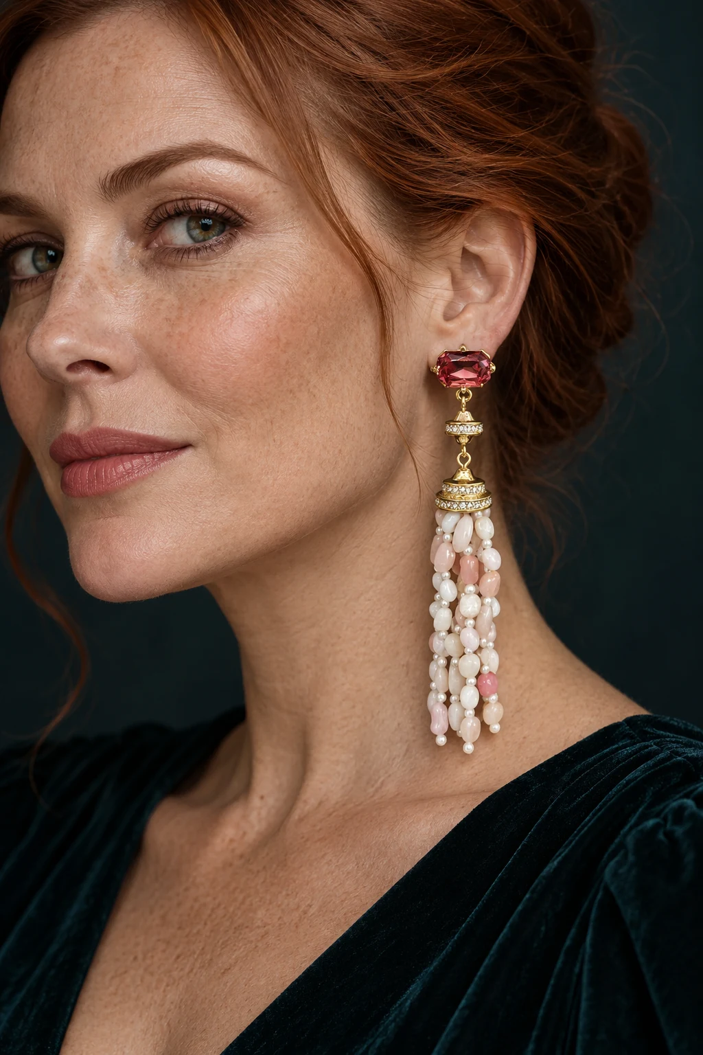 The Rosaline Sonnet Earrings worn on a model — AI-generated styling preview
