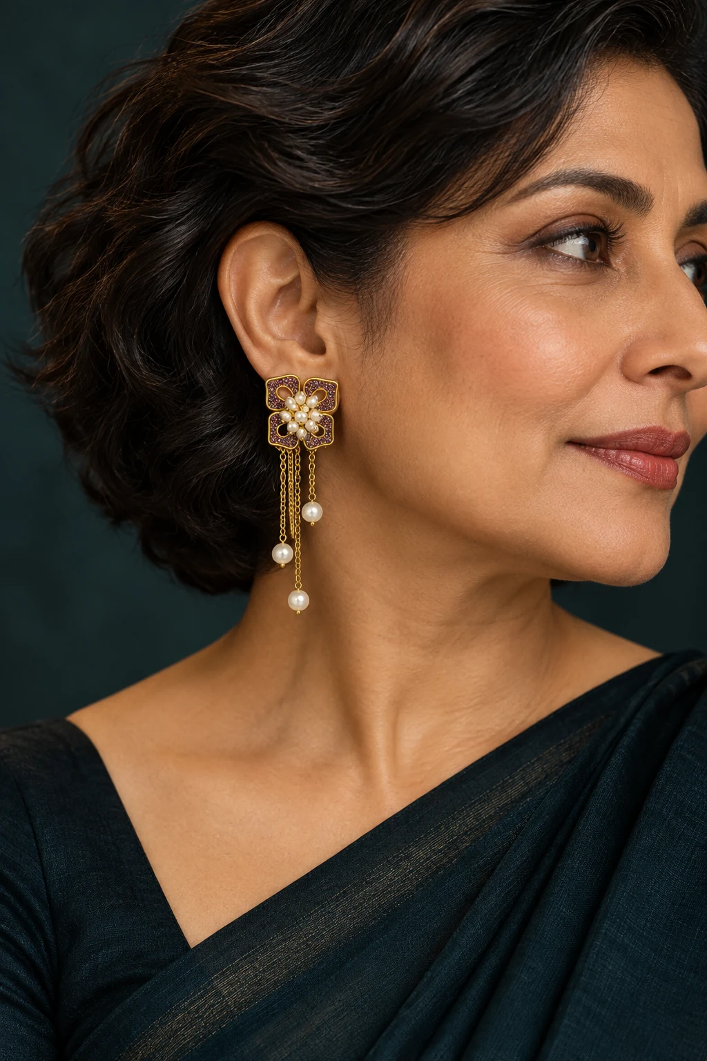 The Joséphine Nocturne Earrings worn on a model — AI-generated styling preview