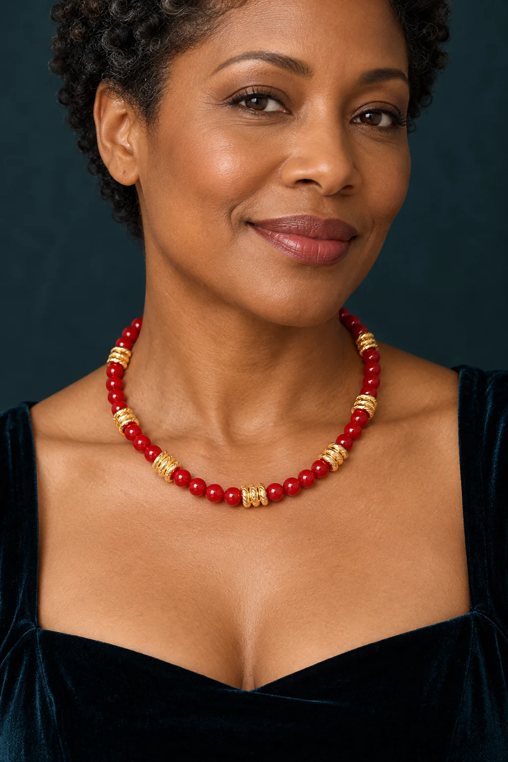 The Héloïse Romance Red Necklace worn on a model — AI-generated styling preview
