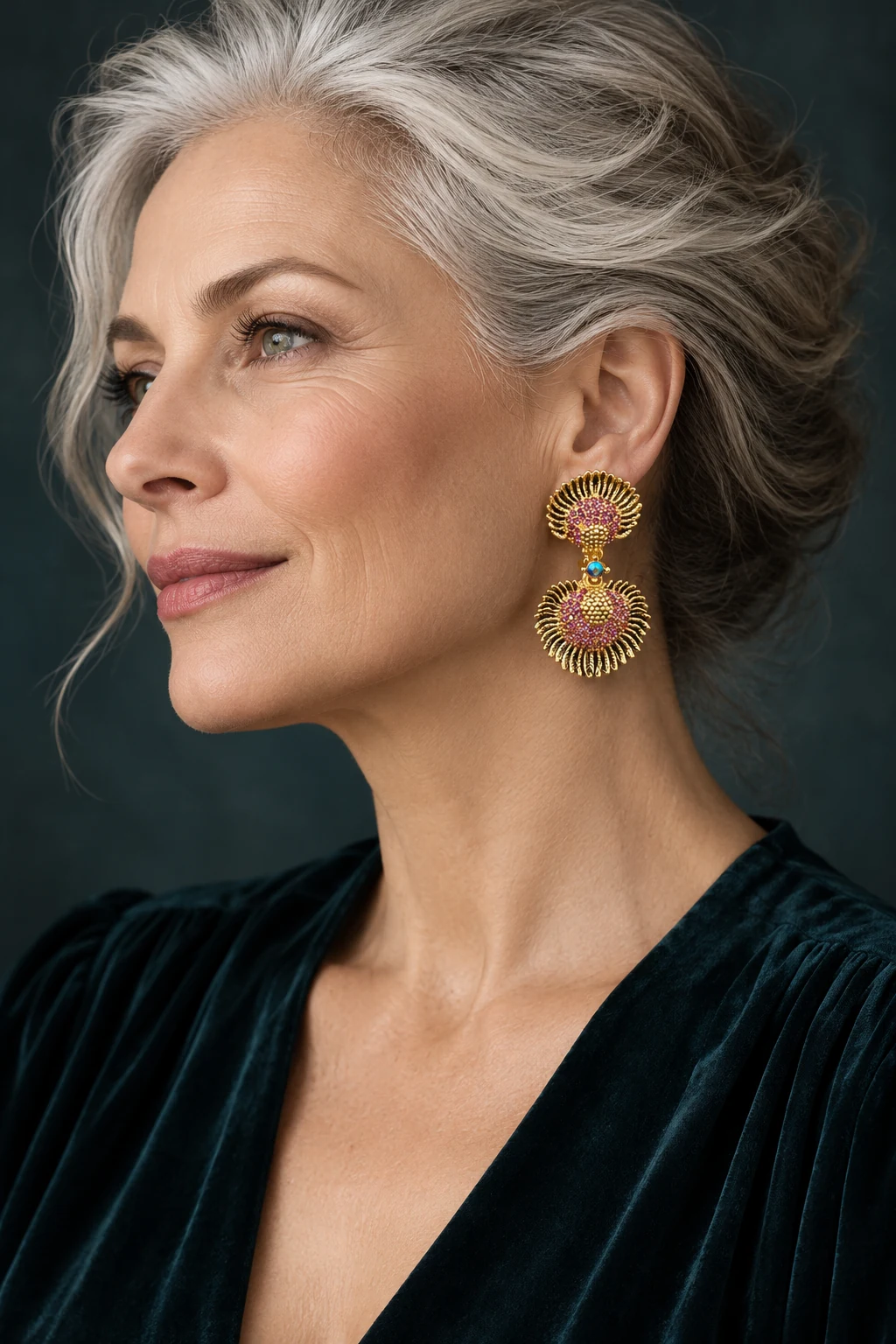 The Astrid Muse Earrings worn on a model — AI-generated styling preview