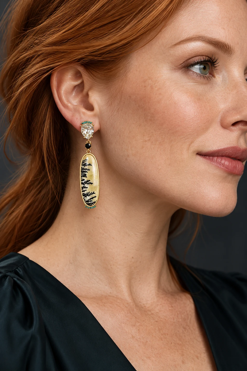 The Irène Romance Earrings worn on a model — AI-generated styling preview