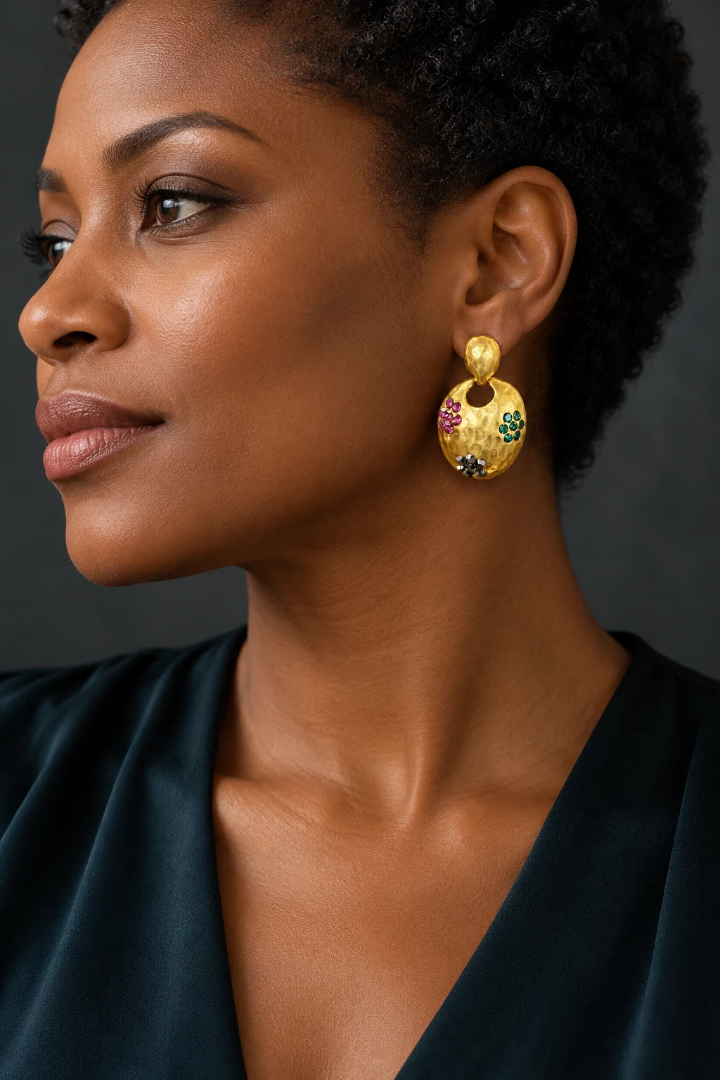 The Giselle Rhapsody Earrings worn on a model — AI-generated styling preview