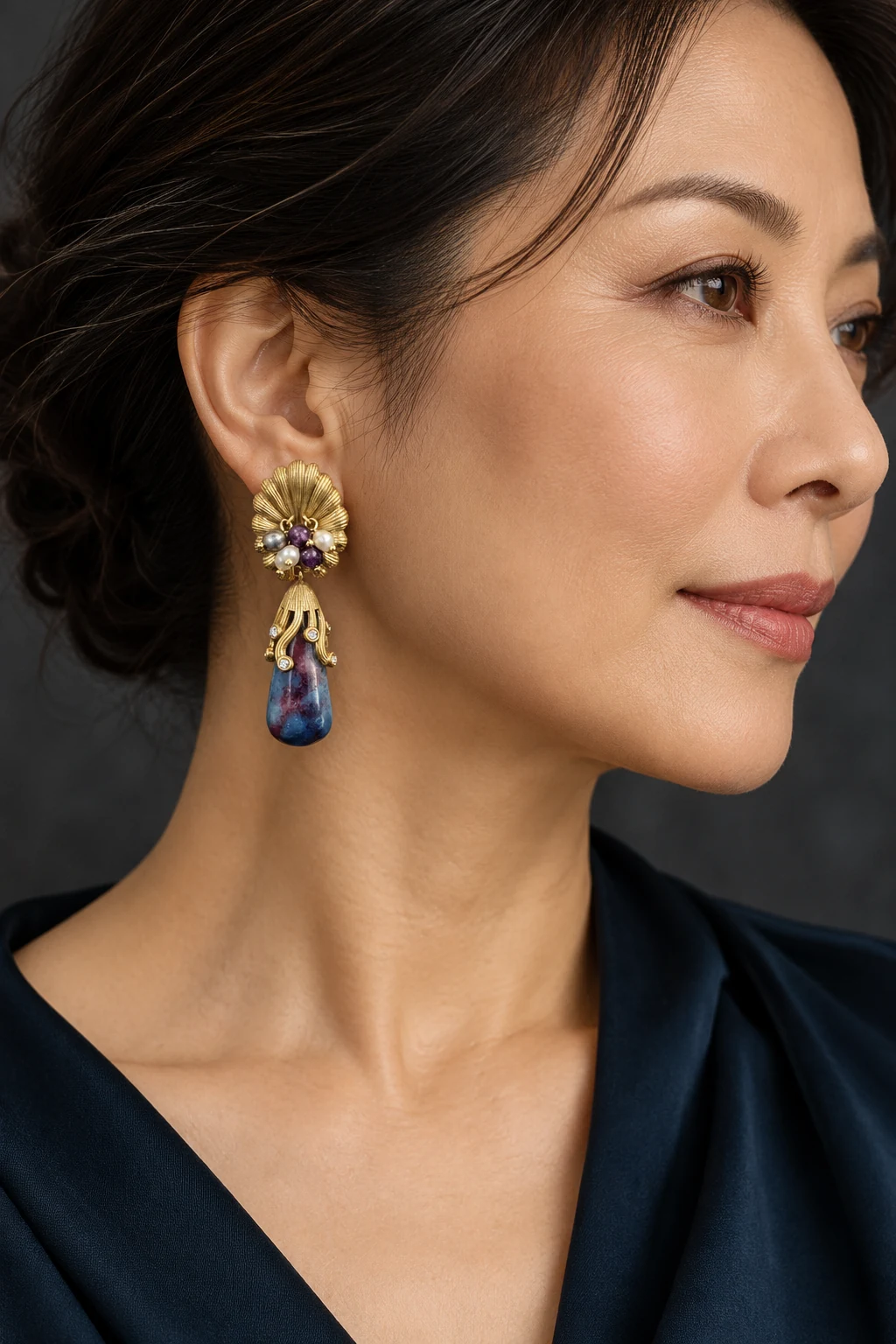 The Delphine Arabesque Earrings worn on a model — AI-generated styling preview