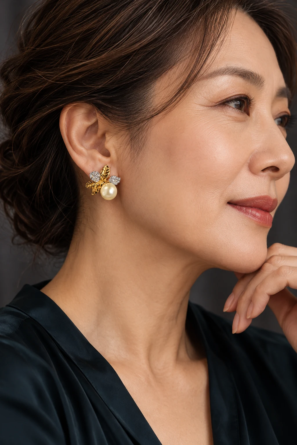 The Estelle Arabesque Earrings worn on a model — AI-generated styling preview