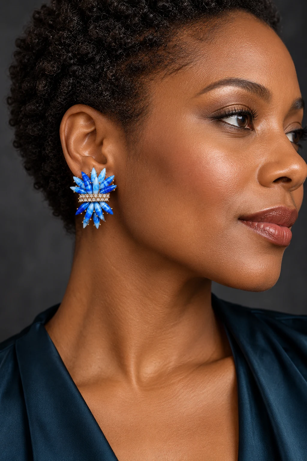 The Dahlia Éclat Blue Earrings worn on a model — AI-generated styling preview