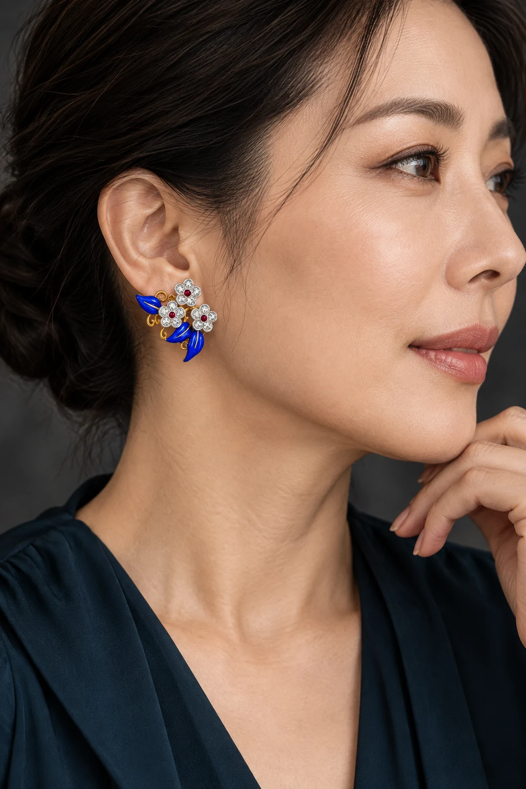 The Irène Waltz Blue Earrings worn on a model — AI-generated styling preview