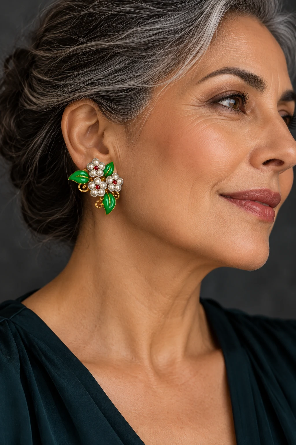 The Irène Waltz Green Earrings worn on a model — AI-generated styling preview