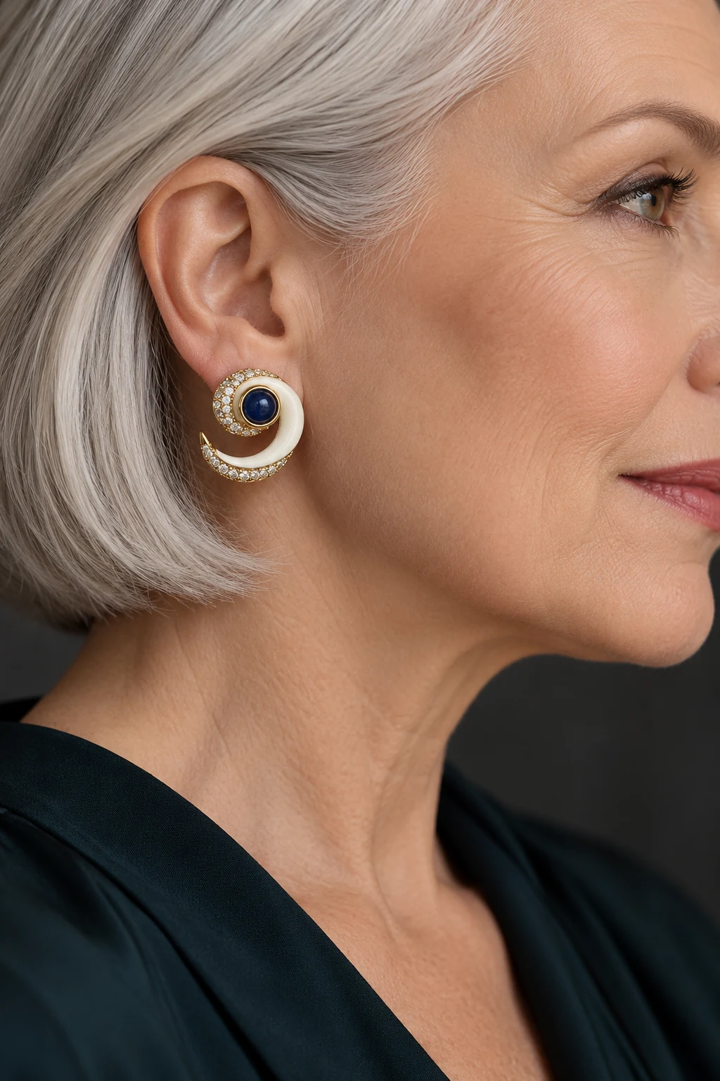 The Jeanne Fleur Blue Earrings worn on a model — AI-generated styling preview