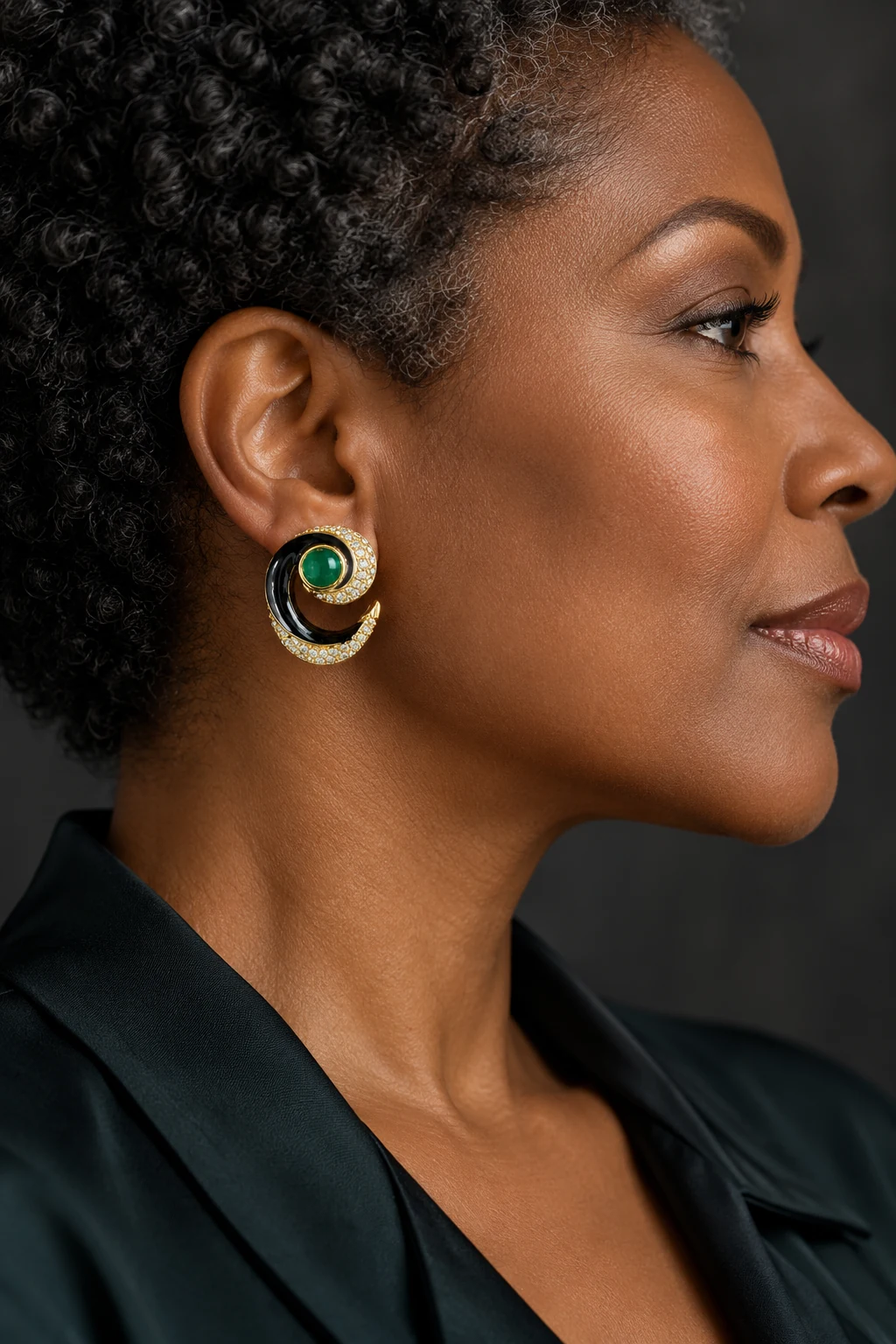 The Jeanne Fleur Green Earrings worn on a model — AI-generated styling preview