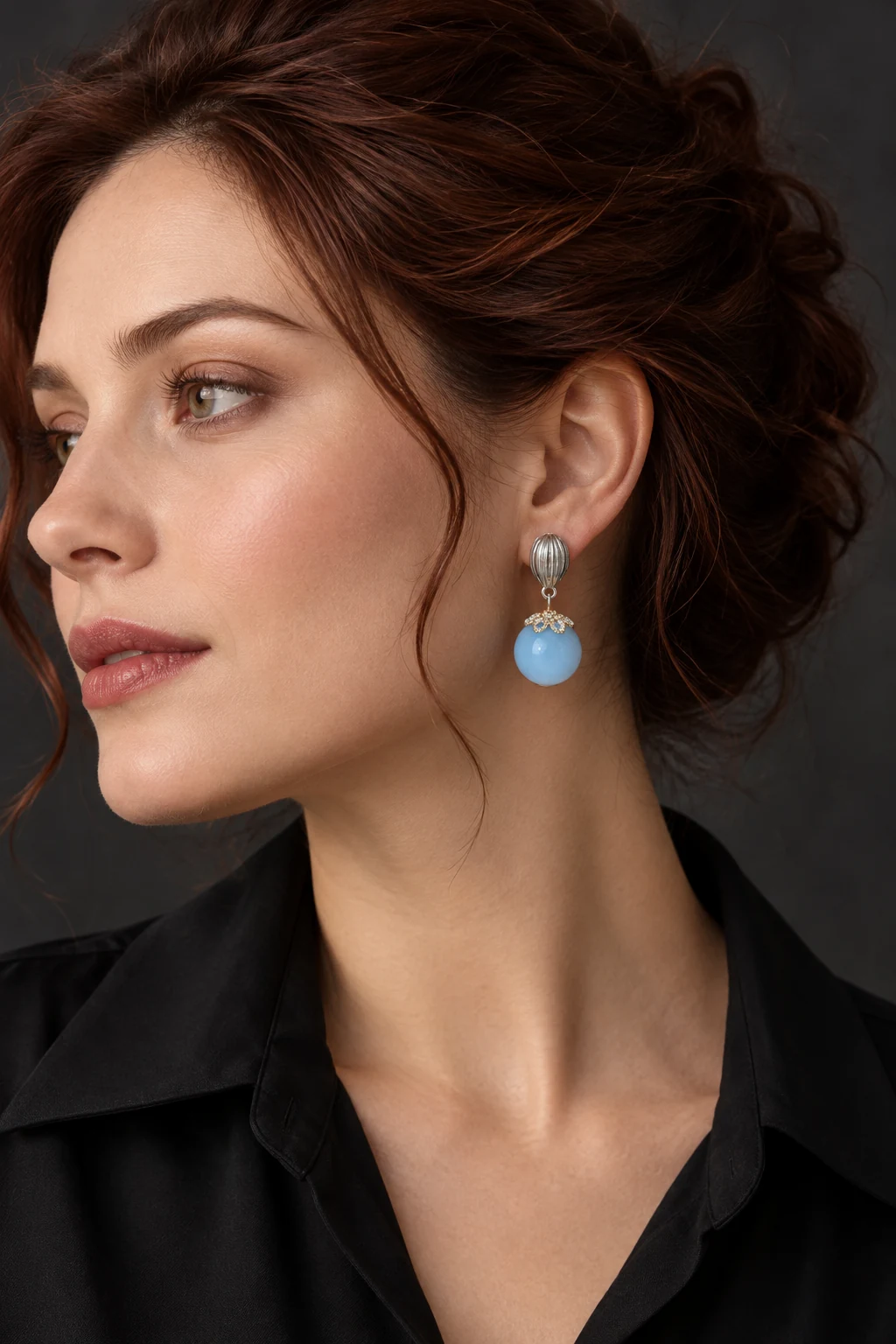 The Lucienne Éclat Turquoise Blue Earrings worn on a model — AI-generated styling preview
