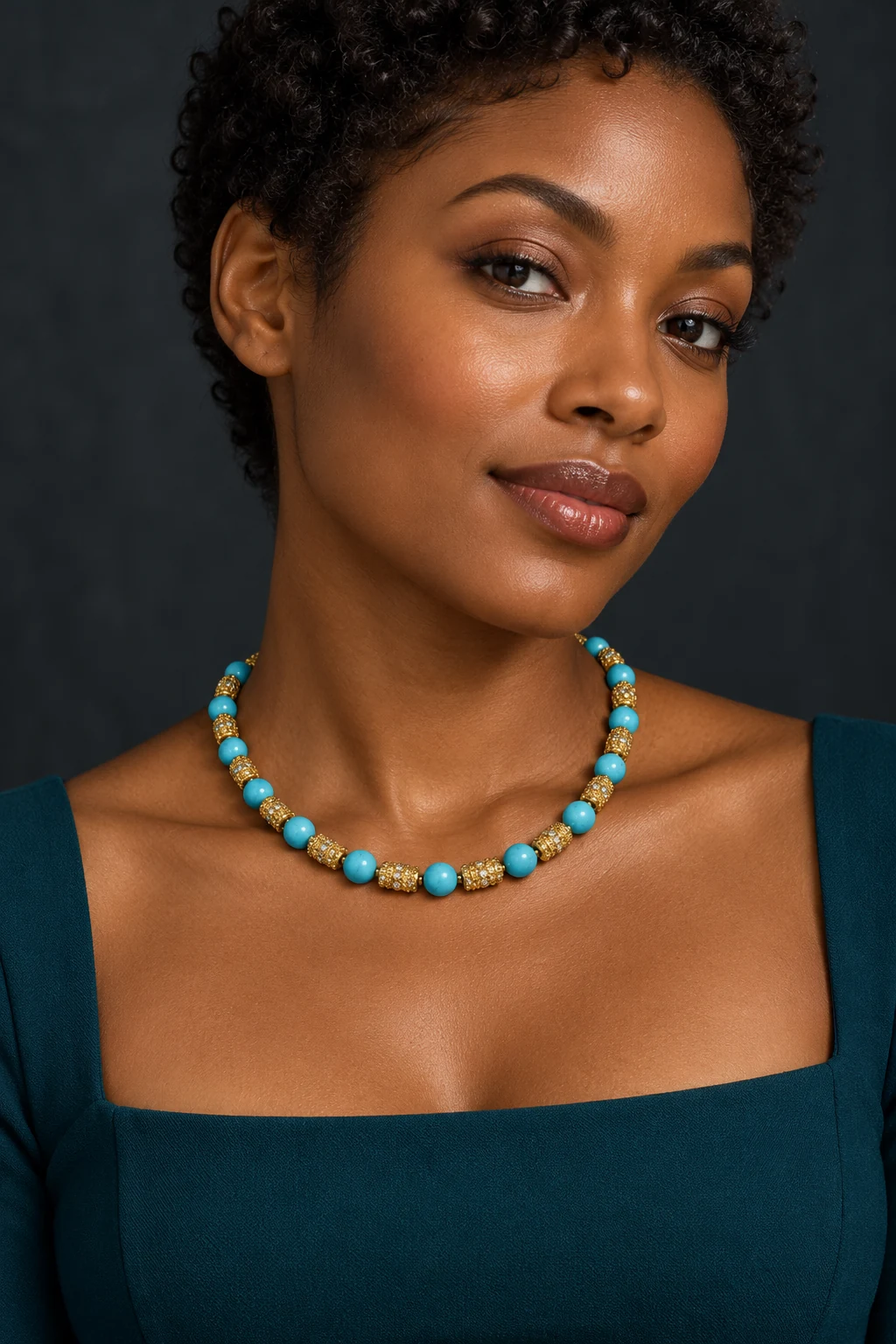 The Lucienne Éclat Turquoise Blue Necklace worn on a model — AI-generated styling preview