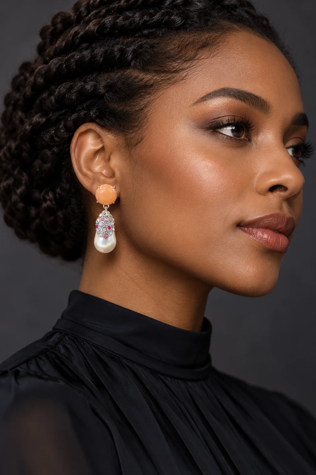 The Giselle Muse Earrings worn on a model — AI-generated styling preview