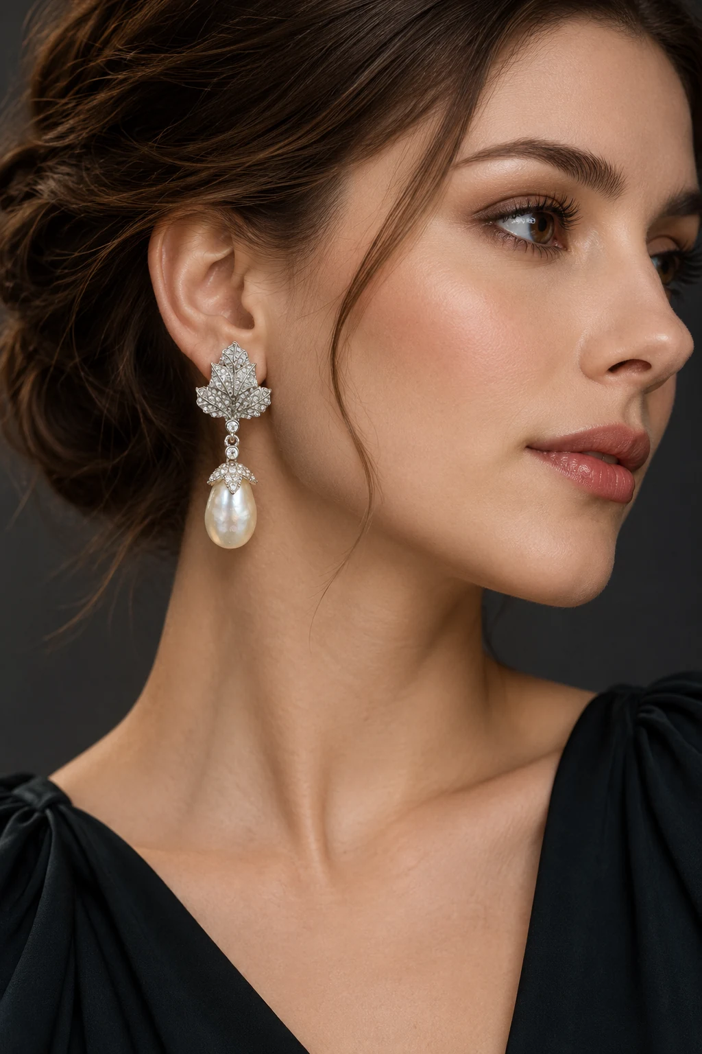 The Claudine Sonnet White Earrings worn on a model — AI-generated styling preview