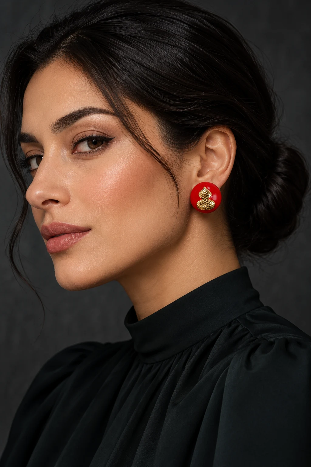 The Céline Romance Red Earrings worn on a model — AI-generated styling preview