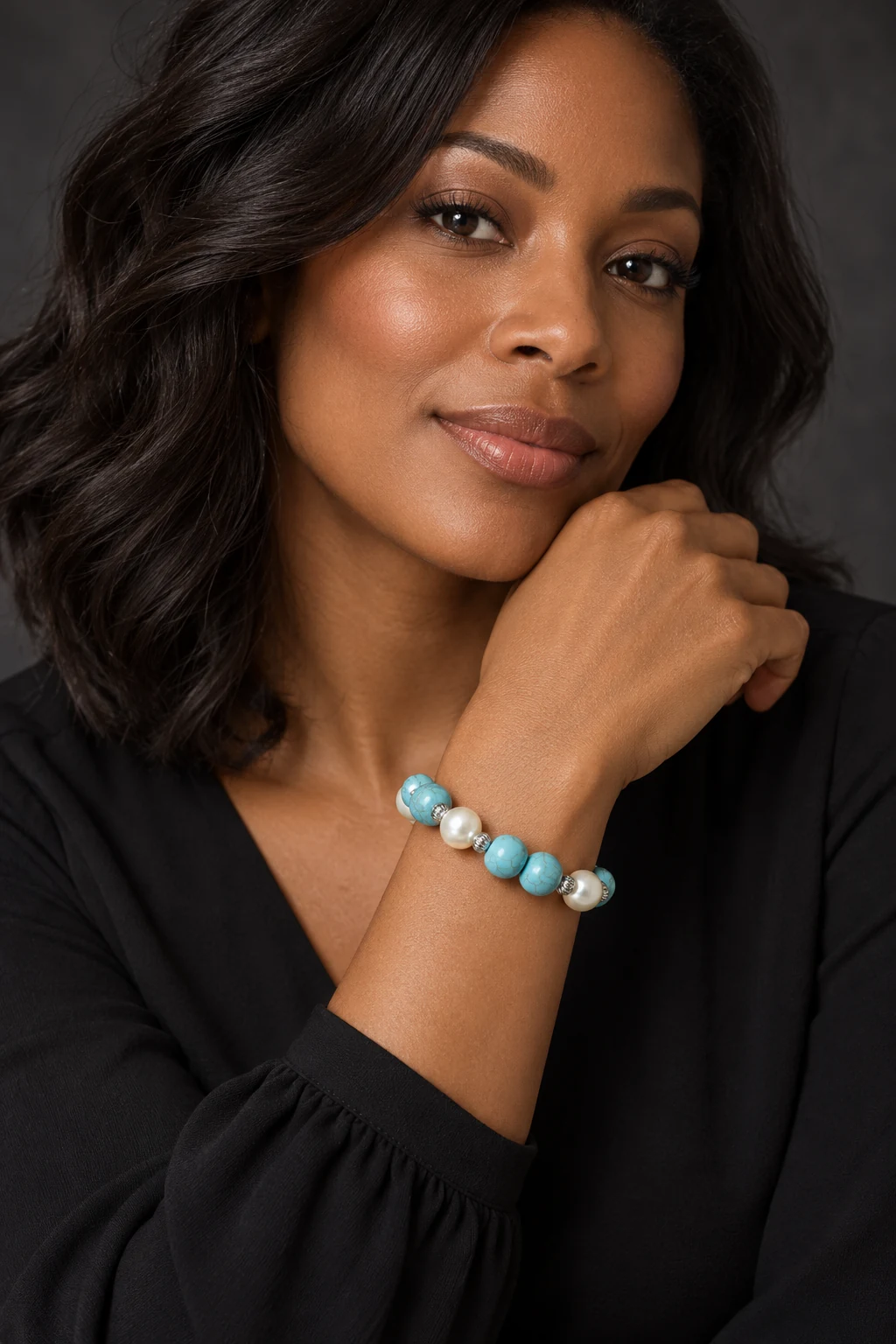 The Mireille Éclat Turquoise Blue Bracelet worn on a model — AI-generated styling preview