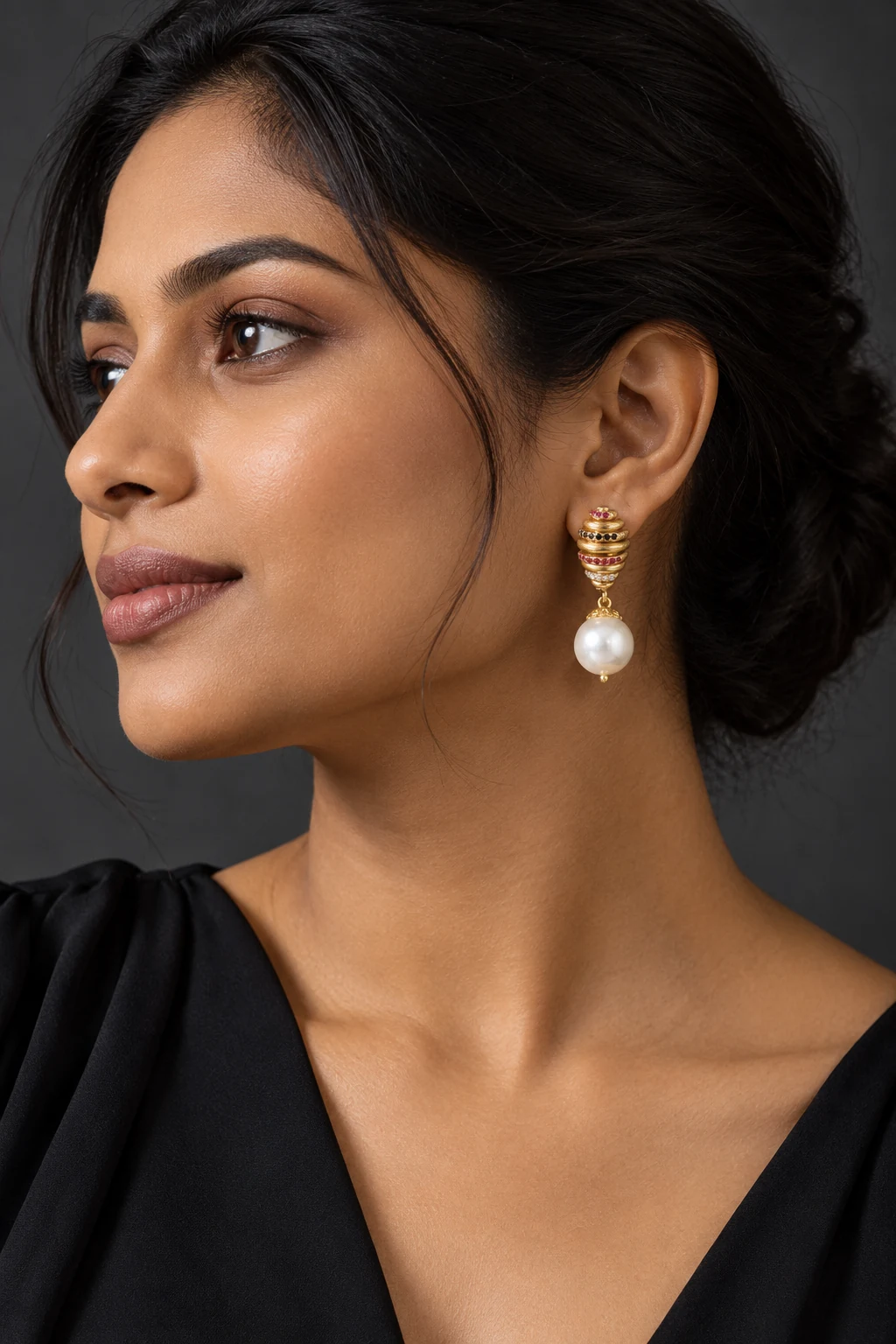 The Amandine Muse Earrings worn on a model — AI-generated styling preview