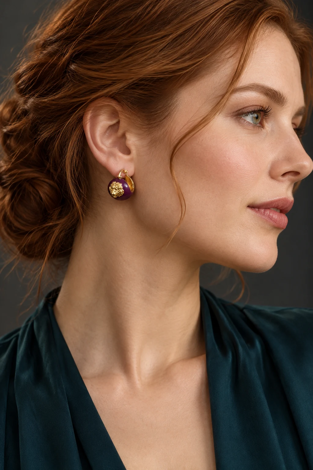 The Cassandre Fleur Violet Earrings worn on a model — AI-generated styling preview