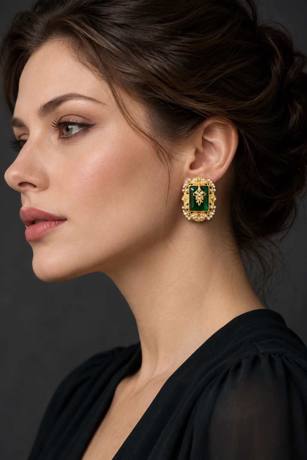 The Sidonie Sonnet Earrings worn on a model — AI-generated styling preview
