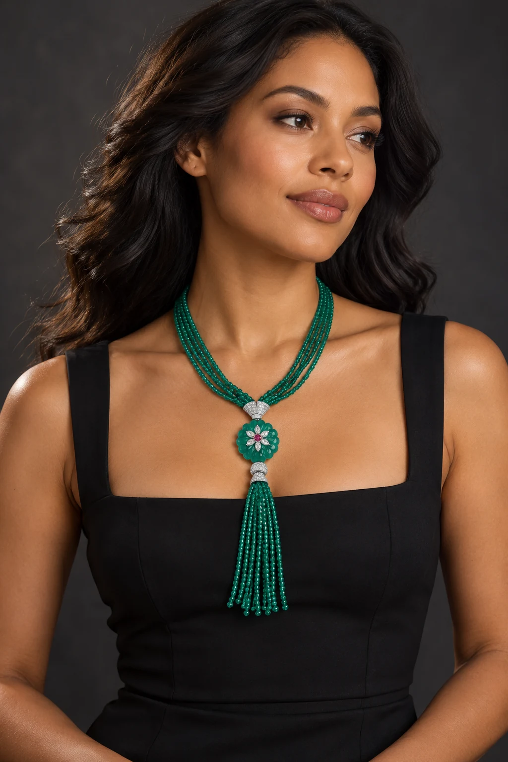 The Mathilde Fable Green Necklace worn on a model — AI-generated styling preview