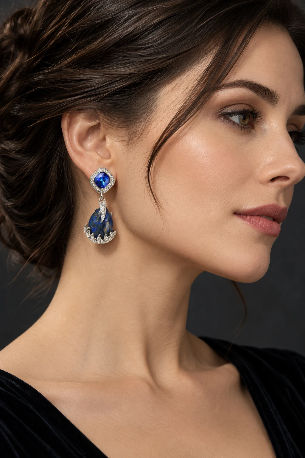 The Éveline Sonata Blue Earrings worn on a model — AI-generated styling preview