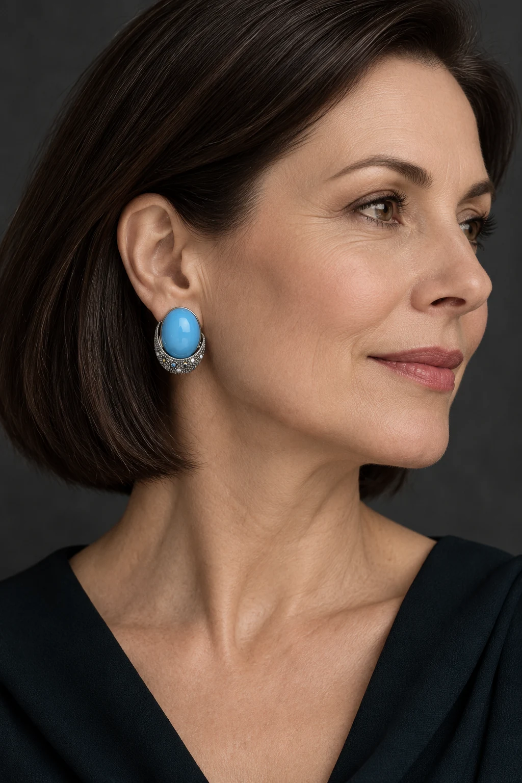 The Ariane Nocturne Blue Earrings worn on a model — AI-generated styling preview