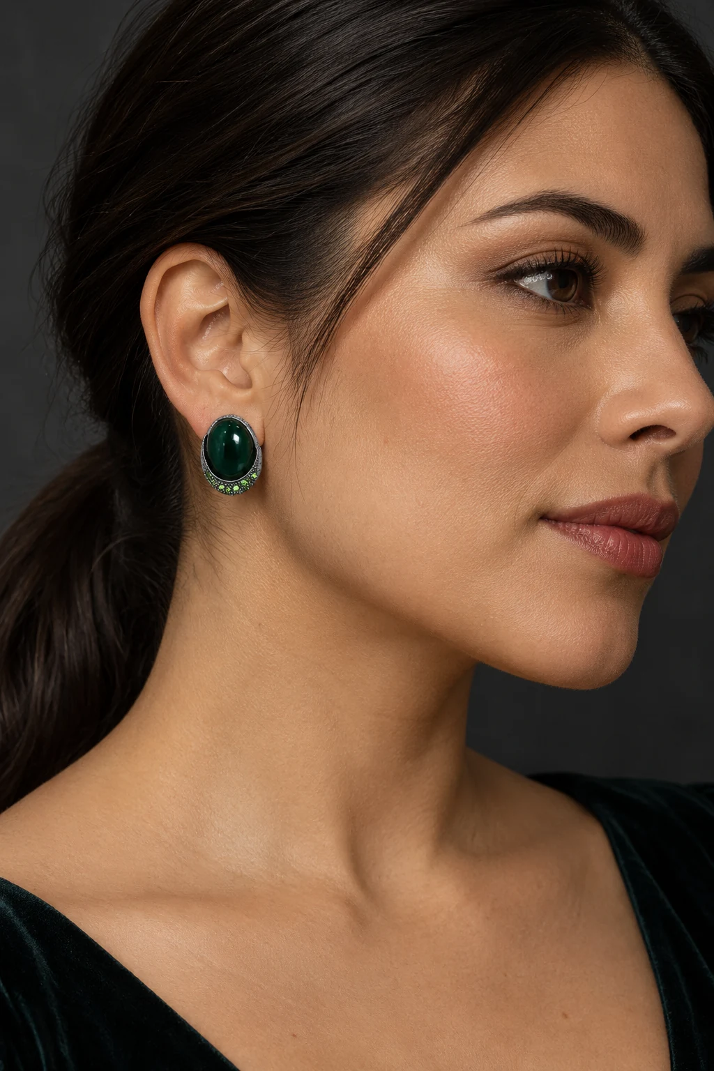 The Ariane Nocturne Green Earrings worn on a model — AI-generated styling preview