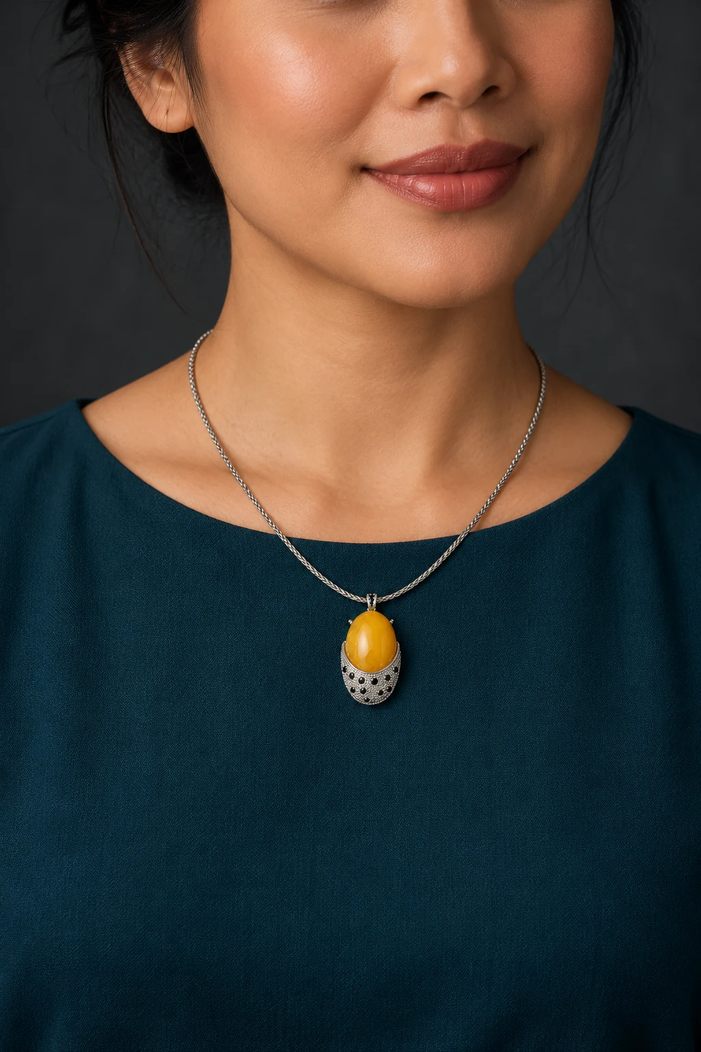 The Ariane Nocturne Yellow Necklace worn on a model — AI-generated styling preview